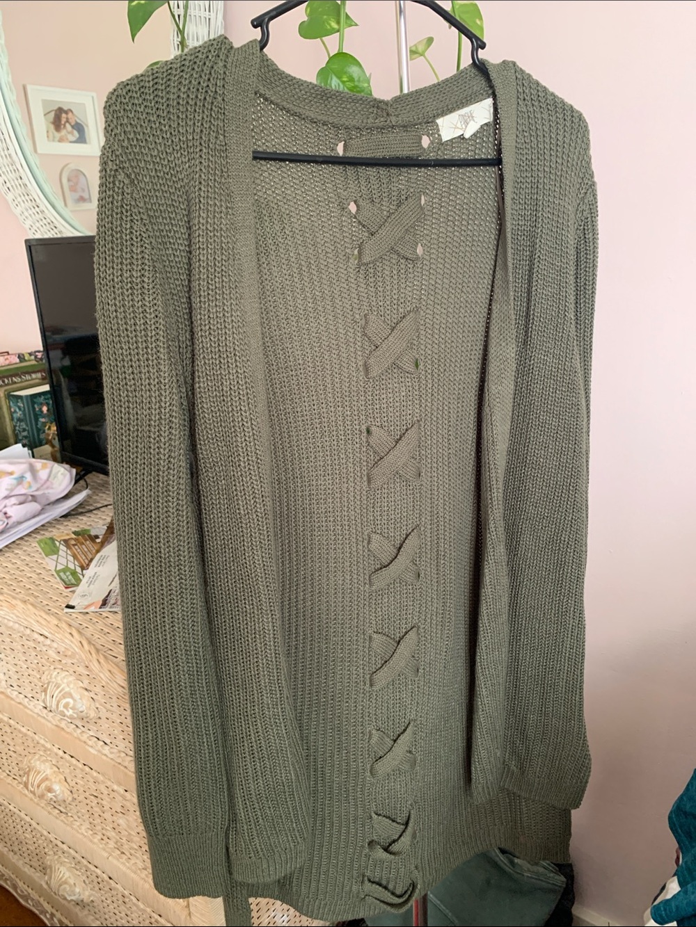 Open-Front Olive Knit Cardigan with Back Tie Detail